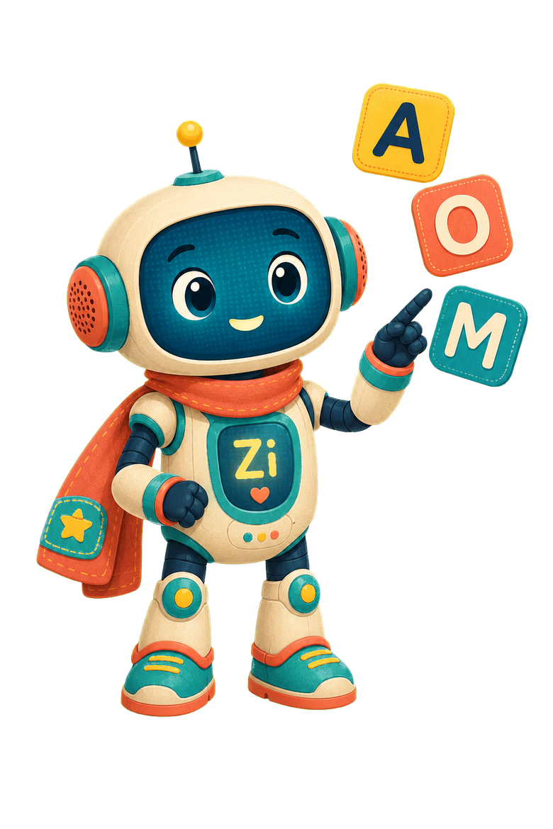 Zi, en vänlig robot som håller bokstäverna A, O och M